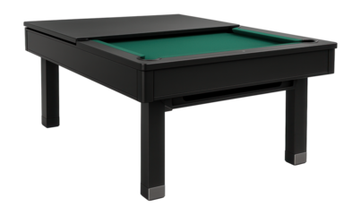Convertible dining billiard table with sleek black finish and hidden ball storage for compact spaces