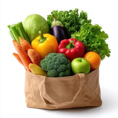 Brown paper bag overflowing with fresh colorful vegetables and fruits