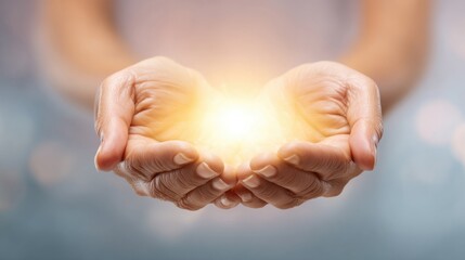 Hands holding glowing light symbolizing energy hope power and spirituality.
