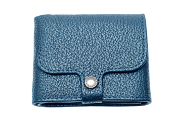 a blue leather wallet with a button on the front