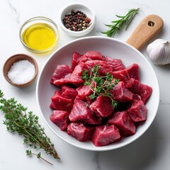 Raw Beef Cubes With Thyme Oil Salt Peppercorns And Garlic