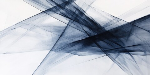Abstract digital artwork featuring overlapping translucent dark blue and black mesh-like layers creating a dynamic geometric composition on a white background.