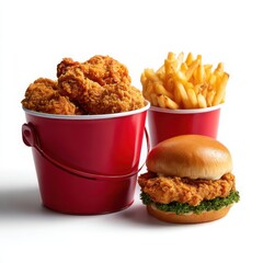 Red bucket fried chicken french fries and burger fast food