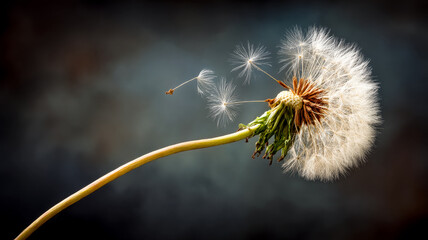A close up of a dandelion seed head with seeds dispersing against a dark background.