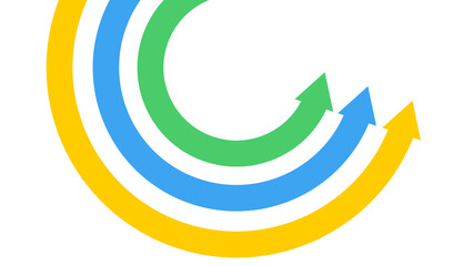 Three curved arrows in green, blue, and yellow follow a circular path upward in parallel, symbolizing coordinated progress and growth