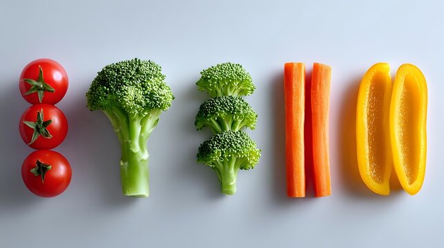 Fresh colorful vegetables arranged in neat rows on white background - cherry tomatoes, broccoli florets, carrot sticks and yellow bell pepper slices for healthy eating concept.