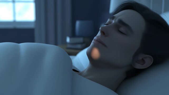 Young Man Sleeping Peacefully in Dark Bedroom Under Soft Light White Pillow and Blanket During Night For Adobe Stock Photo