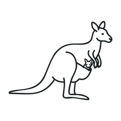 Outline drawing of kangaroo with joey in pouch. Outline vector illustration