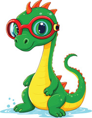 Fototapeta premium Cute Cartoon Dragon Vector Illustration with Glasses - Playful Character for Children's Books, Educational Material, and Animation Projects; Cheerful and Whimsical Design.