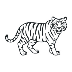 Elegant bengal tiger outline drawing with bold black stripes and graceful stance. Outline vector illustration