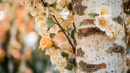 Pastel-colored flowers adorn a birch tree trunk.