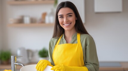 Happy woman wearing yellow apron and rubber gloves washing dishes in a bright modern kitchen