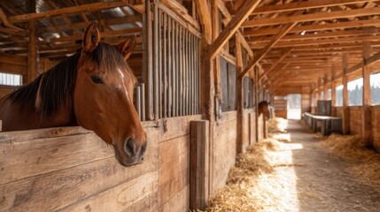 Spacious wooden barn with stalls and a calm horse peeking over the partition.