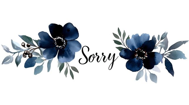 Watercolor navy blue floral arrangement with calligraphy sorry text and gray leaves on white background, isolated design element for sympathy cards and messages. - Powered by Adobe