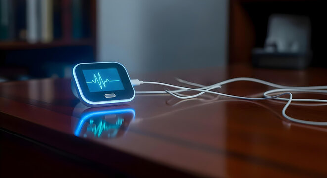 Close-up of modern heart rate monitor with clean white wires and soft blue glow on screen, on table