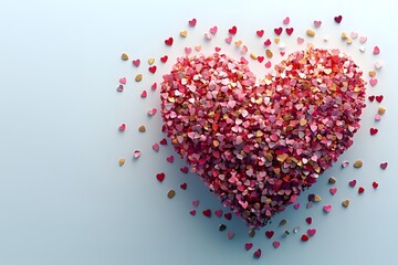 Large heart shape composed of small pink and red heart confetti scattered on light blue background, creating romantic Valentine's Day composition.
