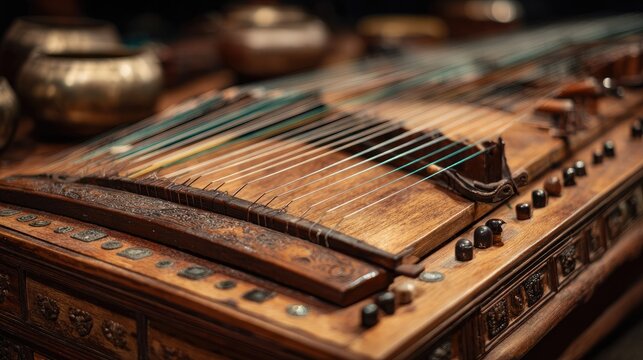 Close-up of antique wooden string instrument
