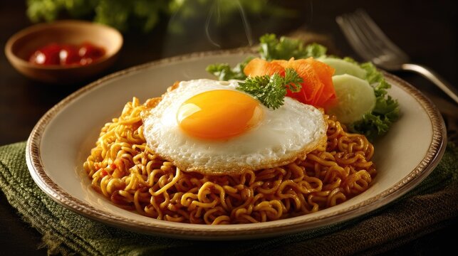 Spicy instant noodles with fried egg and vegetables