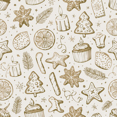 Seamless winter pattern with gingerbread cookies, cupcakes, stars, and candy canes. Great for Christmas wrapping, packaging, textiles, and festive designs