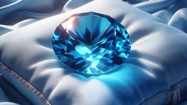 blue big shiny jewelry on a pink soft silk sofa, sunlight enters with reflections