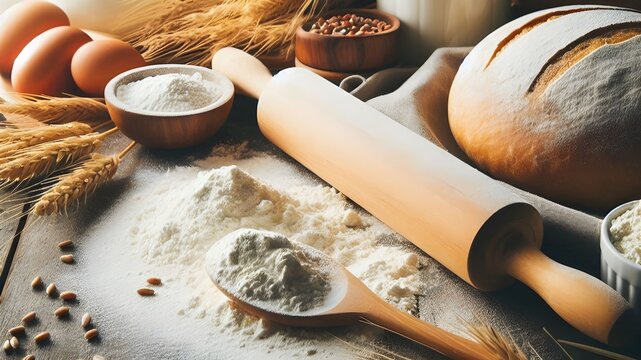 Rolling pin and flour and Wheat and bread and ingredients on a wooden table under the light of the sun