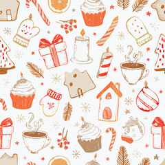 Seamless winter pattern with gingerbread cookies, cupcakes, stars, and candy canes. Great for Christmas wrapping, packaging, textiles, and festive designs