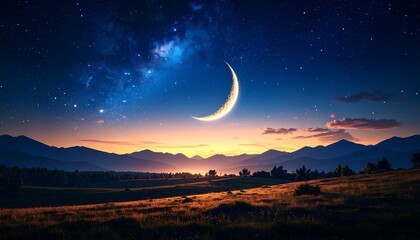 Crescent moon hangs over a mountain range at twilight, bathed in a vibrant starry sky