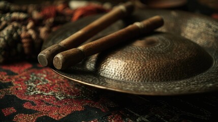Antique copper cymbal with wooden mallets