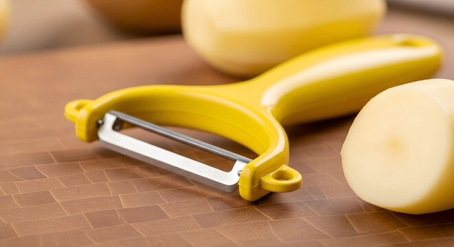 yellow sharp potato peeler in white kitchen background