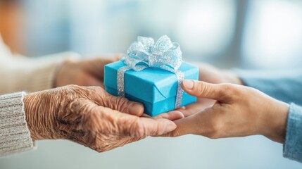 Heartwarming Gift Exchange Between Elderly and Young Person With Blue Wrapped Present.