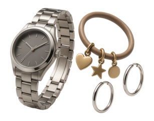 Stainless steel watch set with a charm bracelet and hoop earrings