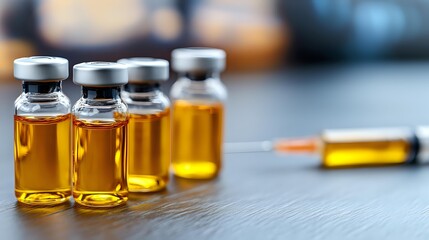 Medical glass vials with amber liquid medication and syringe on wooden surface against blurred background, healthcare and pharmaceutical concept.