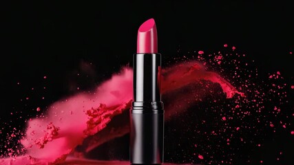 closeup lipstick with exploding pink powder on dark background. Beauty makeup product