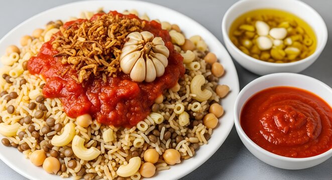 special delicious egyptian koshari meal with noodles, spaghetti and lentil
