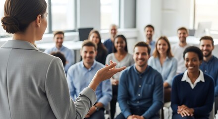Business presentation featuring a diverse audience and a confident female leader presenting during corporate training.