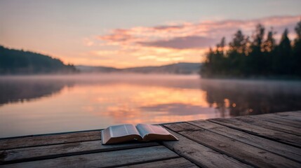 Serene sunrise over calm lake with misty forest scenery reflected on water.