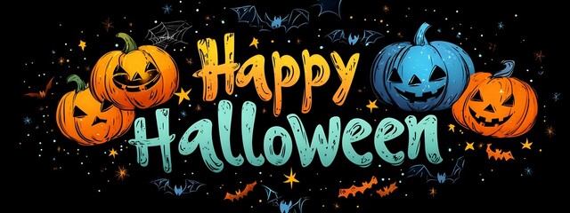 Festive Halloween banner with glowing orange and blue jack o lantern pumpkins and hand lettered text on black background with magical sparkles and stars.
