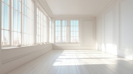 Fototapeta premium Bright Spacious Empty Room with Large Windows Natural Light Bright Interior.