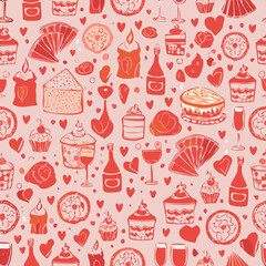 Romantic seamless pattern with cakes, wine, hearts, presents and festive treats. Perfect for Valentine's Day, party designs and celebration-themed projects