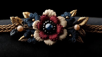 Fototapeta premium Vintage floral brooch with burgundy, beige and navy blue flowers adorned with golden leaves and pearls on twisted rope against dark background. Antique jewelry macro.