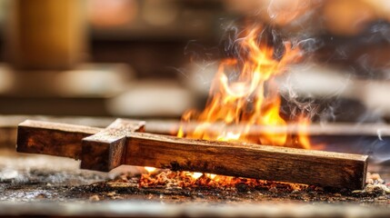 Traditional outdoor blacksmith forge with burning wood and glowing fire embers.