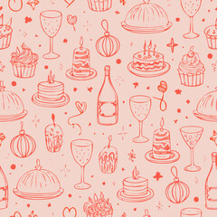 Romantic seamless pattern with cakes, wine, hearts, presents and festive treats. Perfect for Valentine's Day, party designs and celebration-themed projects