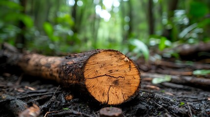 Fresh cut tree log lying on forest ground with natural green blurred background, showing wood grain texture and annual rings. Nature conservation concept.