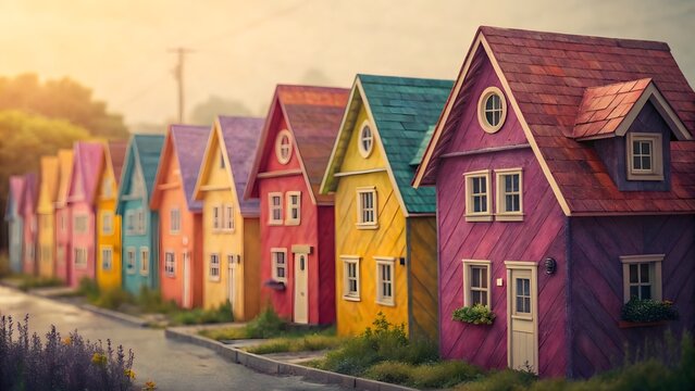 Row of charming colorful houses with unique architectural details and vibrant paint