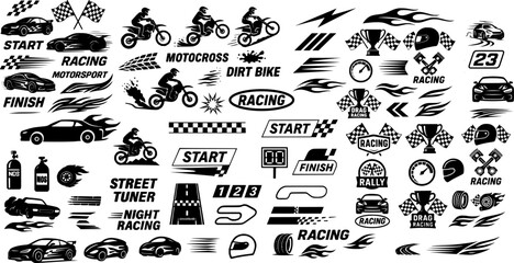 Motorsport and Racing Stroke Icon Collection. Containing Motocross, Rally, Drag, Tuning, and Track Day Symbols. Editable Outline Icon Set.