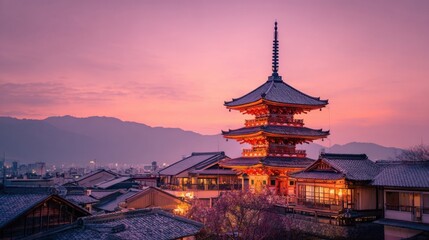 Naklejka premium Traditional Japanese pagoda temple at sunset with colorful sky and mountain backdrop.