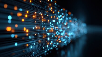 High Speed Digital Data Transfer Flow with Glowing Light Trails in a Dark Environment.