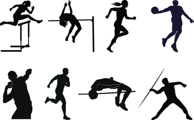 Set of sports athlete silhouettes in dynamic track and field action vector images