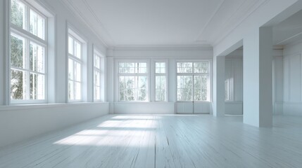 Obraz premium Bright spacious empty room with large windows and white interior design.
