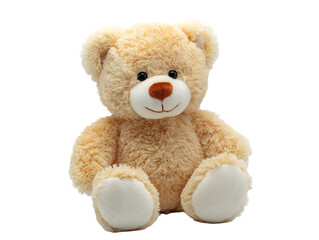 A cute bear smiling toy sits on a white background 
